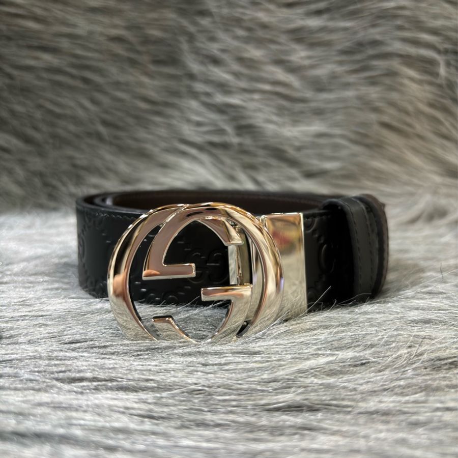 GUCCI 473030 G GG LOGO 雙G 黑色咖啡色牛皮老花字紋 銀扣銀釦 雙面 皮帶 腰帶 90公分-0