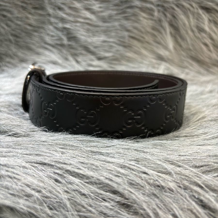 GUCCI 473030 G GG LOGO 雙G 黑色咖啡色牛皮老花字紋 銀扣銀釦 雙面 皮帶 腰帶 90公分-2