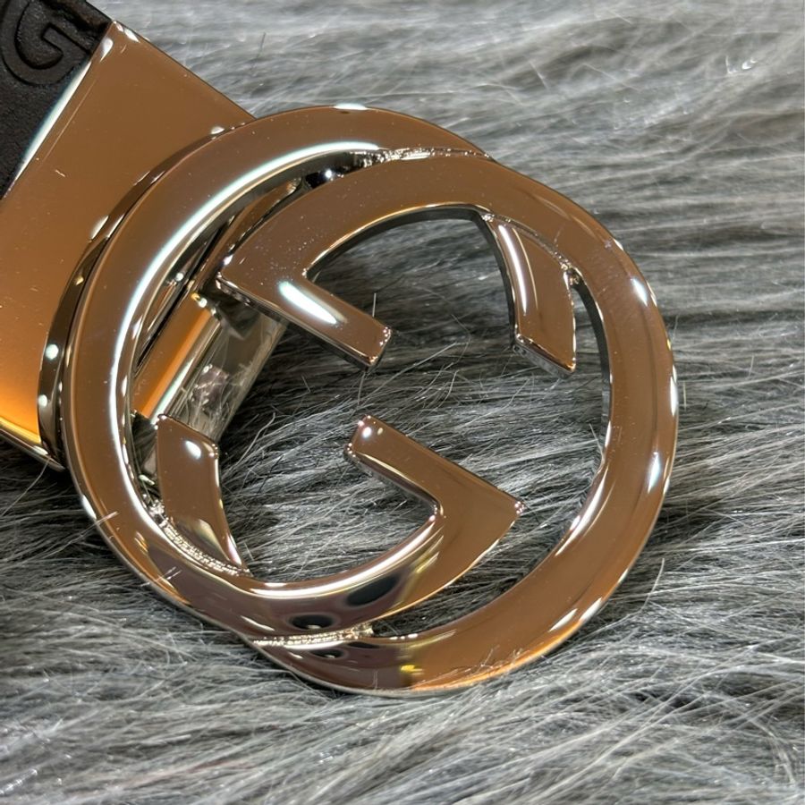 GUCCI 473030 G GG LOGO 雙G 黑色咖啡色牛皮老花字紋 銀扣銀釦 雙面 皮帶 腰帶 90公分-4