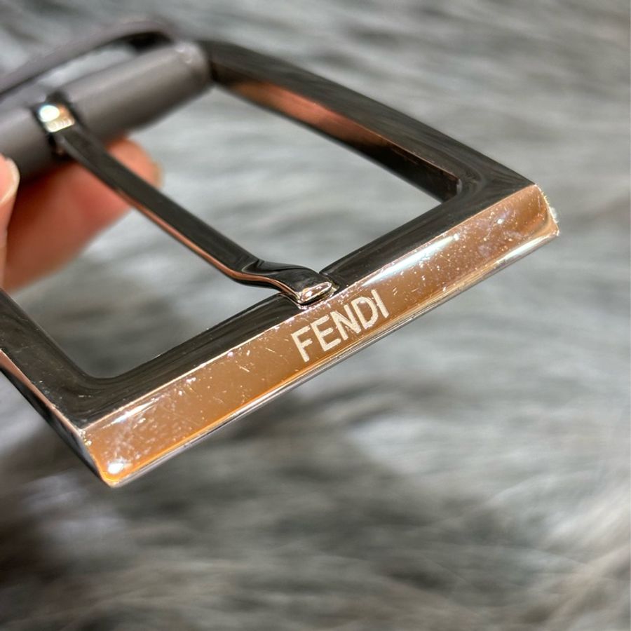 FENDI FF 大象 灰 LOGO 老花 字紋 全皮 銀釦 皮帶 腰帶 腰封 寬版-6