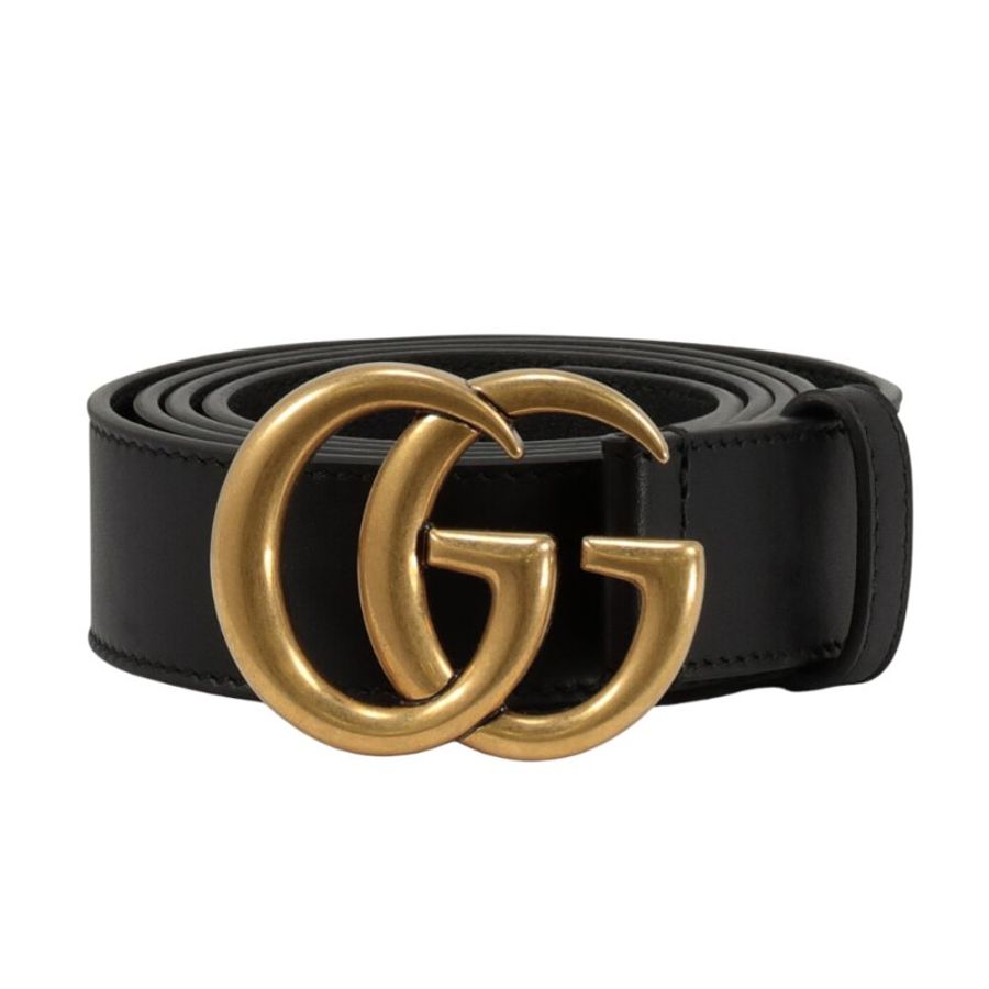 【GUCCI 古馳】Double G GG 雙G 仿舊金 牛皮 腰帶 皮帶 黑色 3公分寬 414516-4