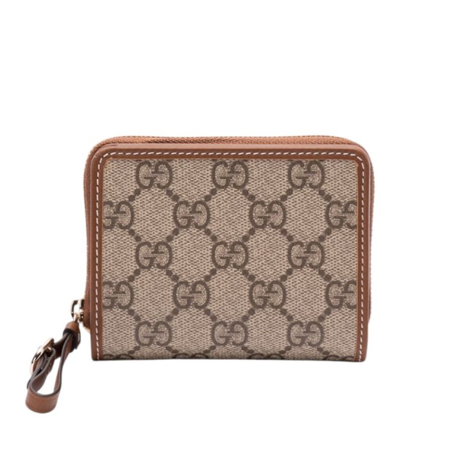 【GUCCI 古馳】GG Emblem Zip Mini 迷你 拉鍊 皮夾 卡夾 零錢包 短夾 米色 棕色 819131-4