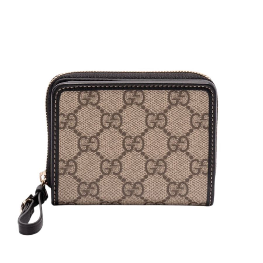 【GUCCI 古馳】GG Emblem Zip Mini 迷你 拉鍊 皮夾 卡夾 零錢包 短夾 米色 黑色 819131-0