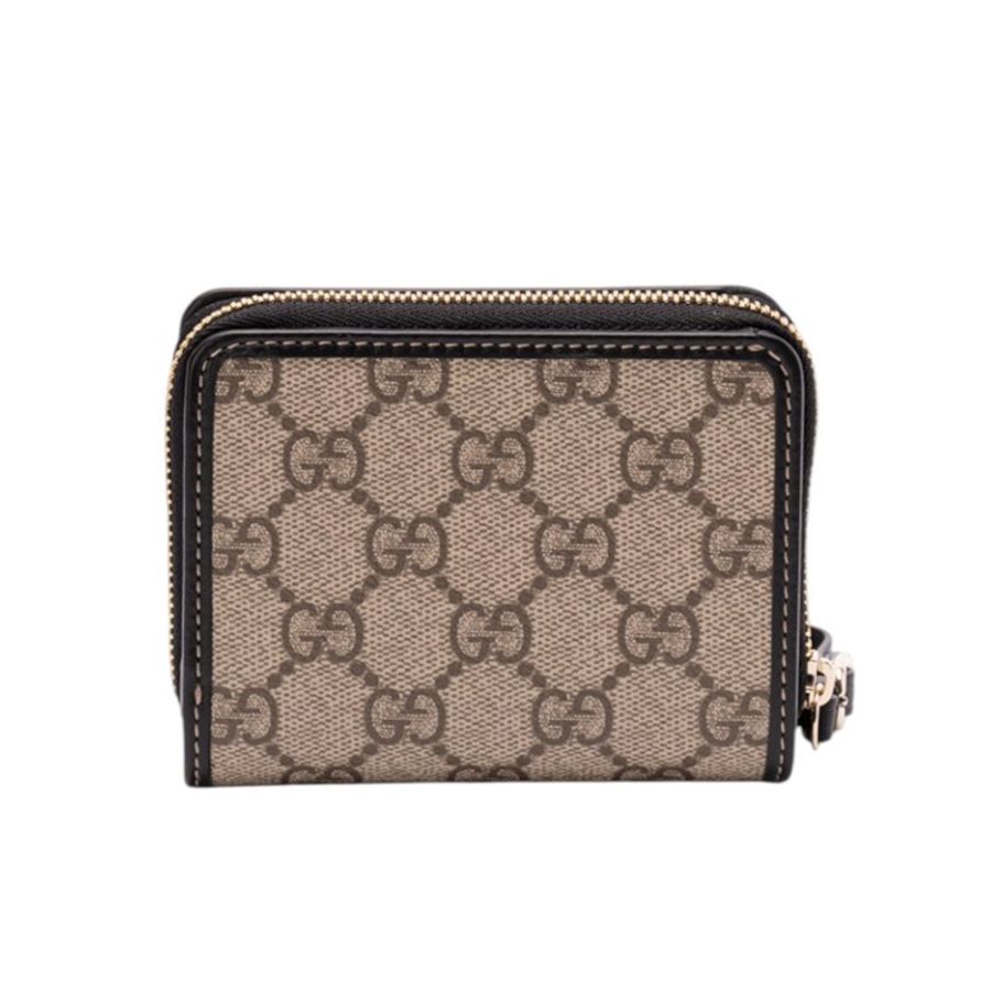 【GUCCI 古馳】GG Emblem Zip Mini 迷你 拉鍊 皮夾 卡夾 零錢包 短夾 米色 黑色 819131-4
