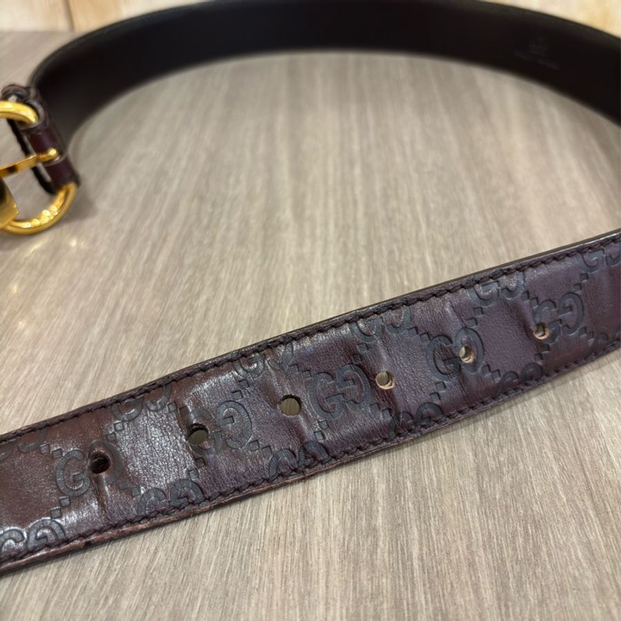 GUCCI 159618 GG LOGO 咖啡 牛皮 金釦 長85CM寬3.5CM 皮帶 腰帶-9