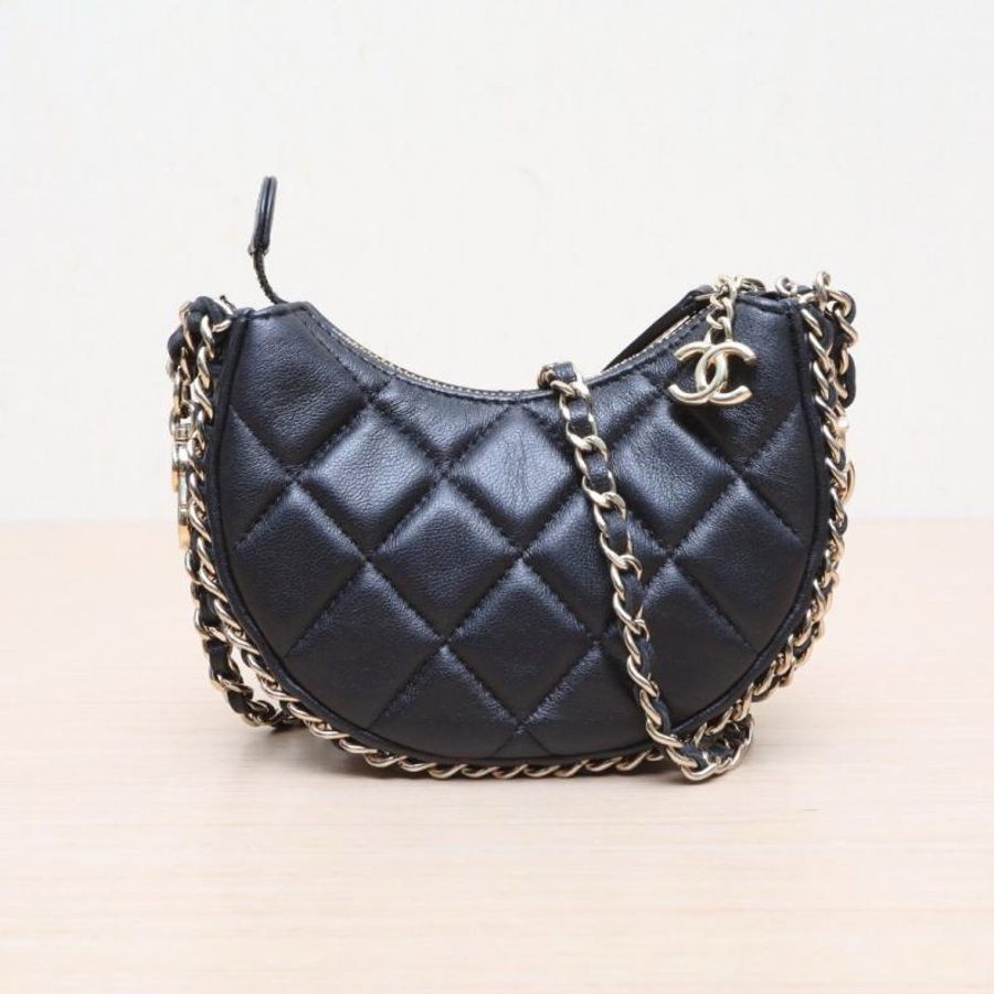 CHANEL(香奈兒) 23P 月牙包 皮穿鏈包邊 菱格紋 皮穿鏈肩帶 Mini14 鐳射標 黑色 金扣 晶片開-0