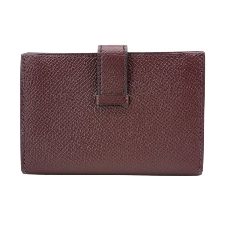 Hermes 展示品 Mini Bearn Epsom牛皮銀Logo對折卡片零錢夾(馬鞍紅)-3