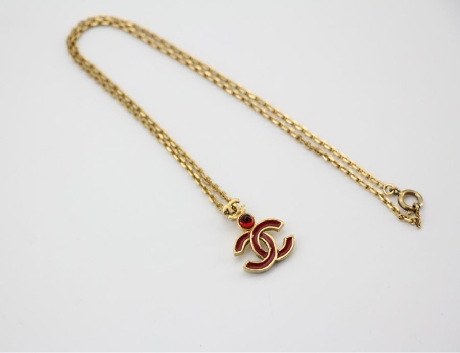 Chanel Vintage 1940-70 琺瑯大紅色Depose金色頸鏈-5