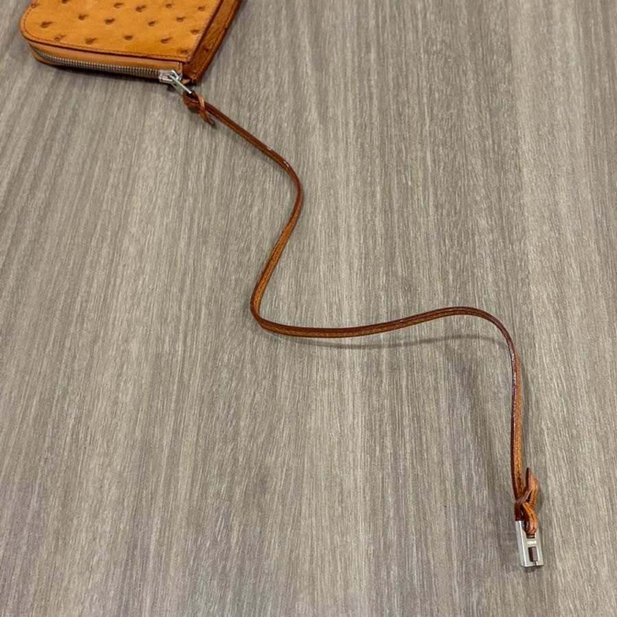 Hermes 焦糖色鴕鳥皮銀釦拉鍊零錢包 口G刻 多功能小包-8