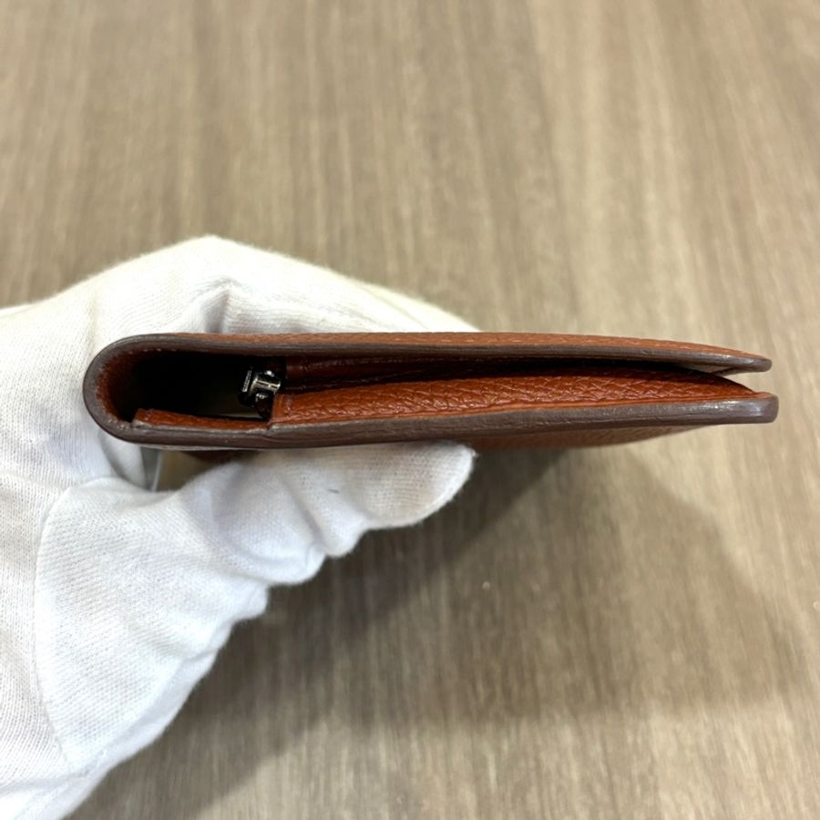 Hermes 磚紅色牛皮銀釦Dogon皮穿式短夾 卡包 零錢包 口M刻-1