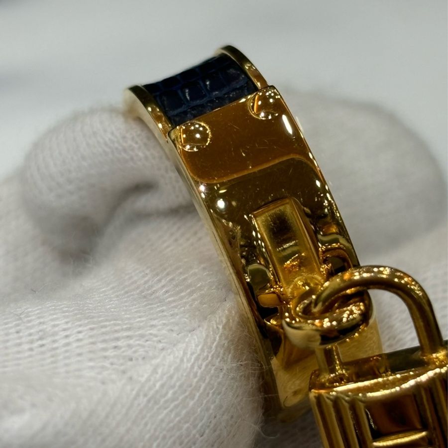 HERMES KELLY 黃K金色 藍色皮革 鎖頭 戒指 戒子可當絲巾扣環墬子-4