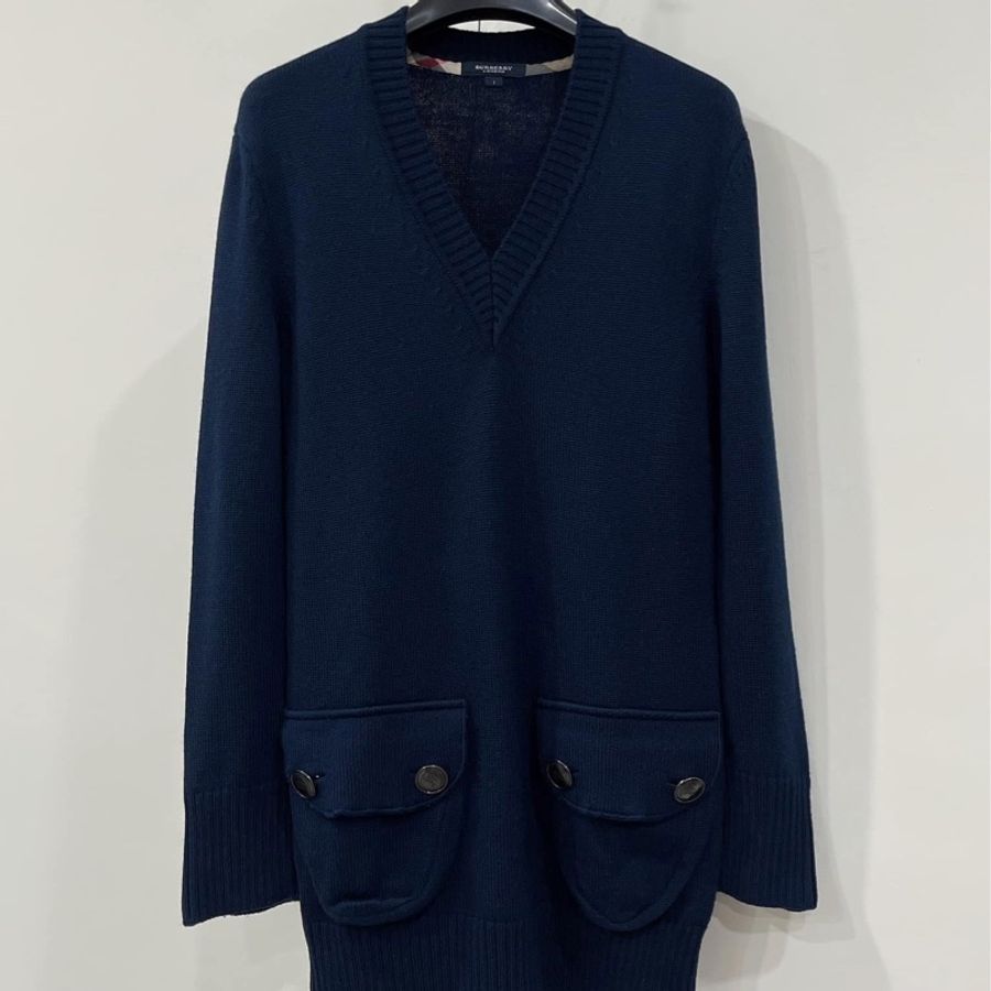 BURBERRY  倫敦  V領排扣羊毛長版上衣 深藍-0