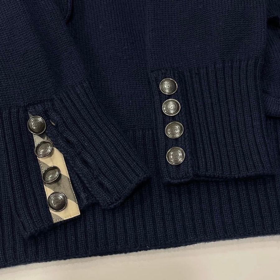 BURBERRY  倫敦  V領排扣羊毛長版上衣 深藍-5