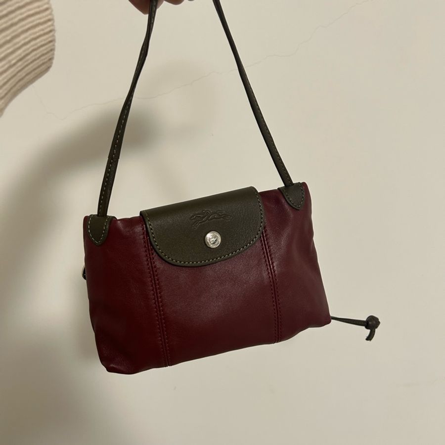 全新 longchamp 羊皮 郵差包 暗紅咖啡配色-1