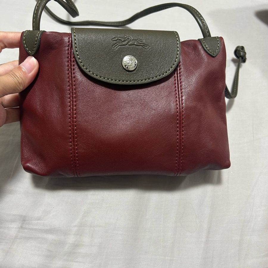 全新 longchamp 羊皮 郵差包 暗紅咖啡配色-5
