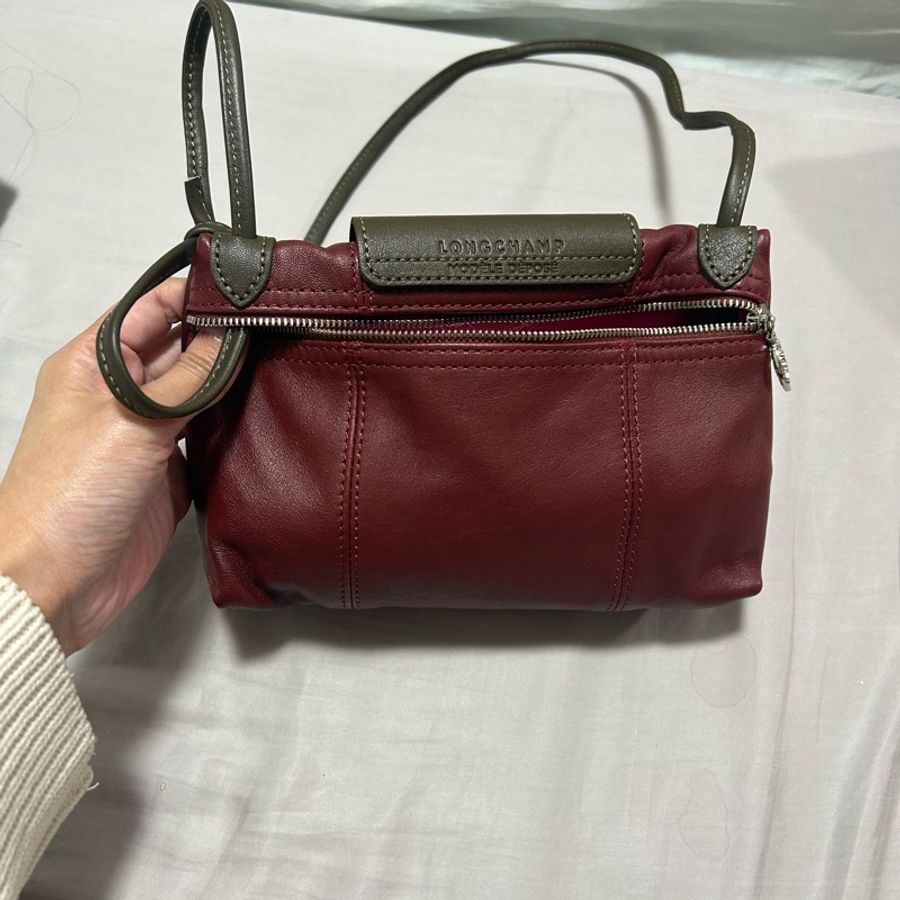 全新 longchamp 羊皮 郵差包 暗紅咖啡配色-6