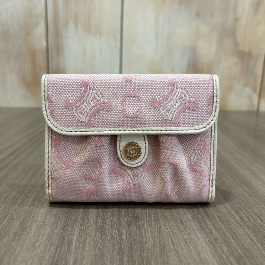 CELINE LOGO 白色 皮 粉 緹花 布 抓皺 三折 零錢 中夾 夾 包 短夾 皮夾-0