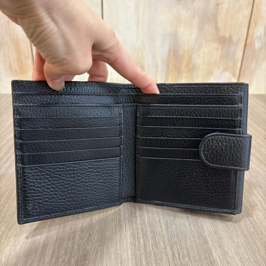GUCCI 615525 黑色 荔枝皮 金釦 GG 零錢包 皮夾 短夾 錢包-15