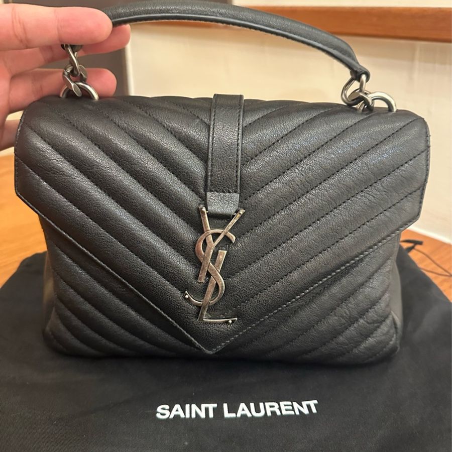 YSL 黑山形紋手提斜背學院包 超美-0