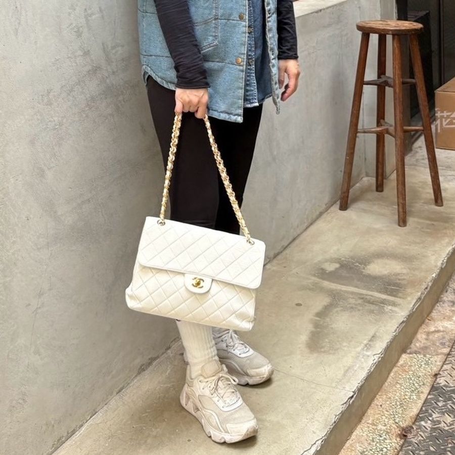 Chanel Vintage 白色羊皮雙子星鏈條包-0