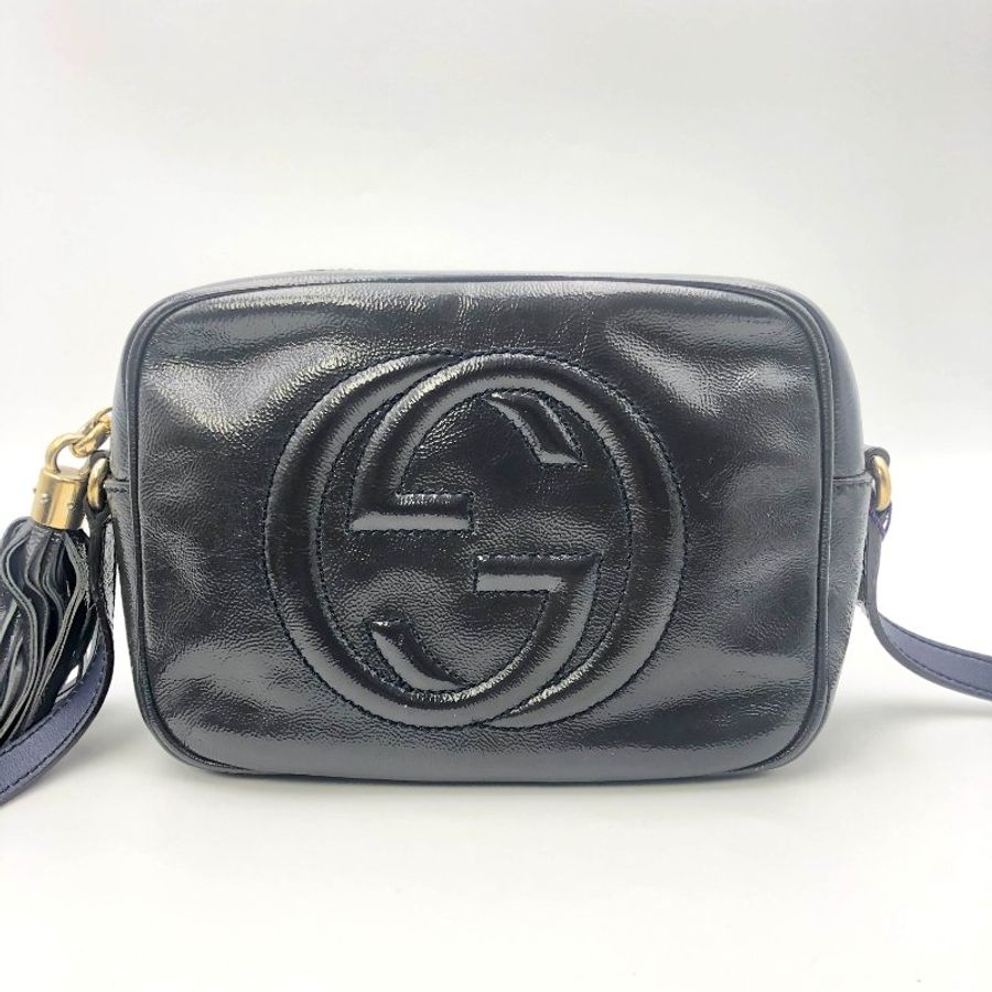 GUCCI 經典SOHO系列雙G LOGO流蘇相機包,漆皮,古馳,斜背包,側背包,逛街包,二手真品,正品,現貨,免運-0