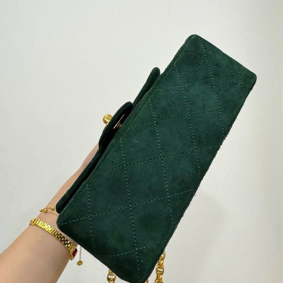 chanel 香奈兒 vintage 金釦 綠色 麂皮 雕花鏈 方胖子 斜背包 肩背包 鏈條包 鏈帶包 手提包-11