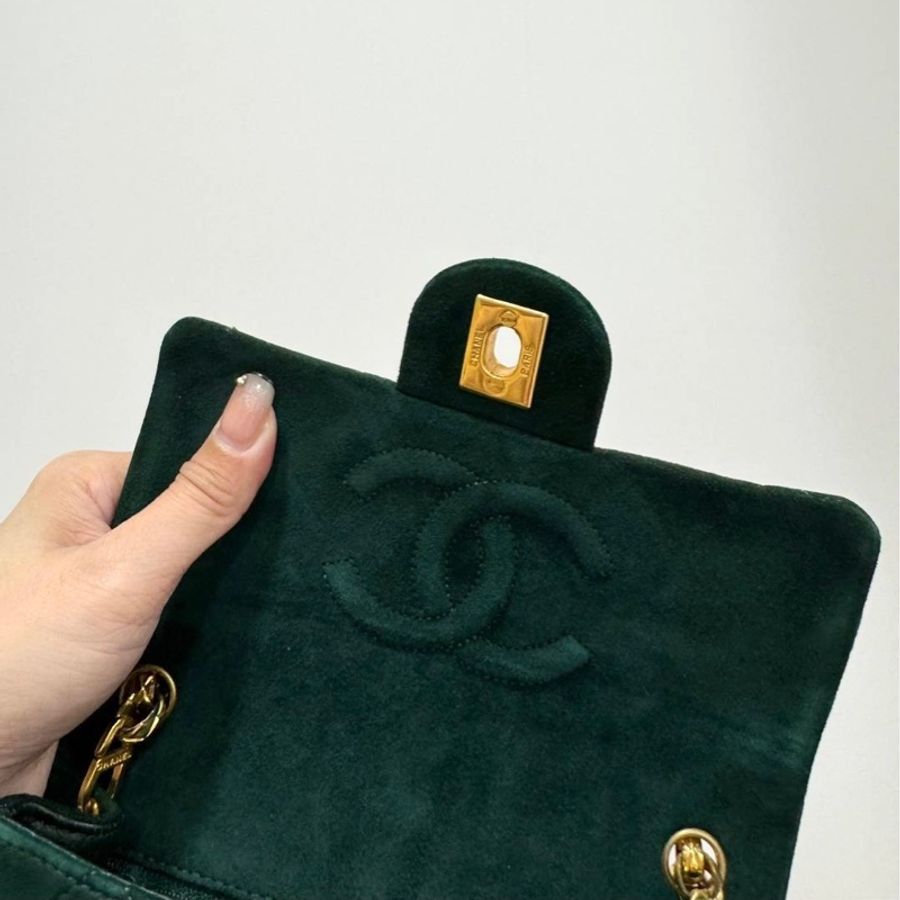 chanel 香奈兒 vintage 金釦 綠色 麂皮 雕花鏈 方胖子 斜背包 肩背包 鏈條包 鏈帶包 手提包-12