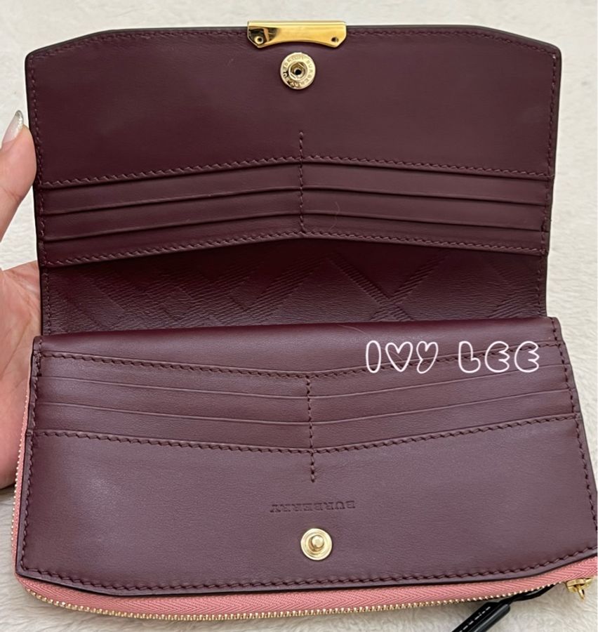 BURBERRY 巴寶莉  金牌logo 牛皮革拉鍊 釦式掀蓋長夾 粉 金拉鍊 二手精品-2