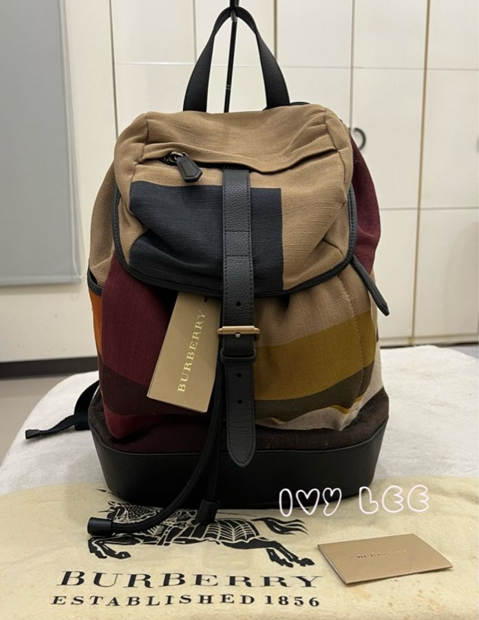 BURBERRY 巴寶莉 Canvas 色塊格紋拼接帆布 後背包 肩背包 二手精品-0