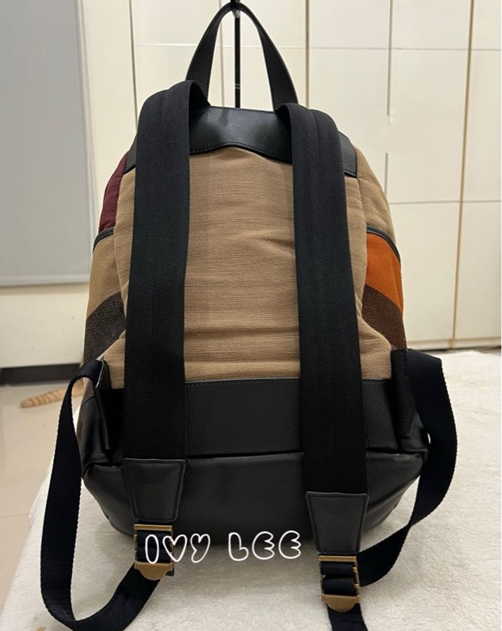 BURBERRY 巴寶莉 Canvas 色塊格紋拼接帆布 後背包 肩背包 二手精品-1