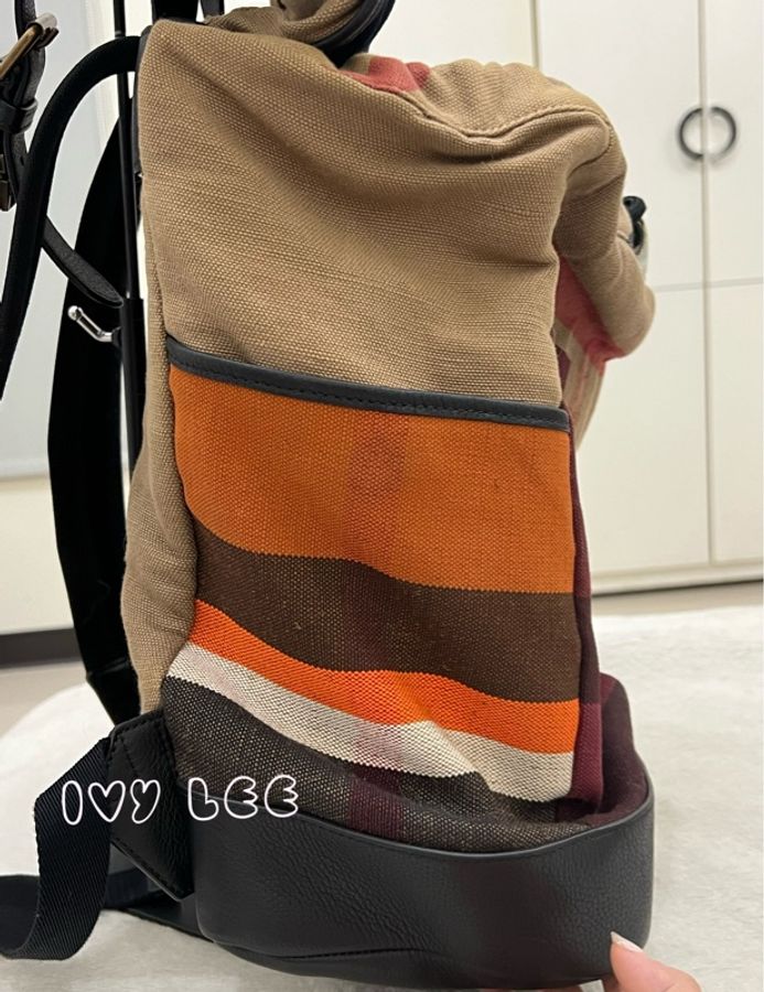 BURBERRY 巴寶莉 Canvas 色塊格紋拼接帆布 後背包 肩背包 二手精品-6