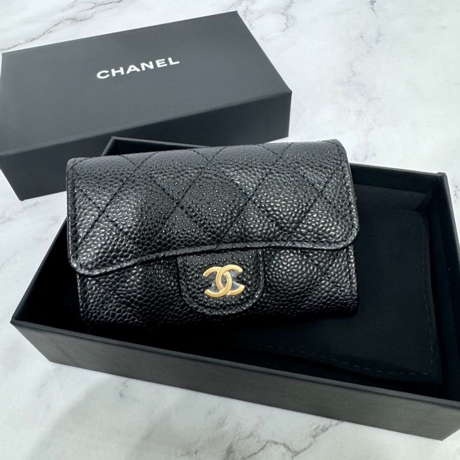 全新 CHANEL 經典CF荔枝牛皮口蓋零錢卡包 黑金 芯片款 🈶台灣專櫃購證-0
