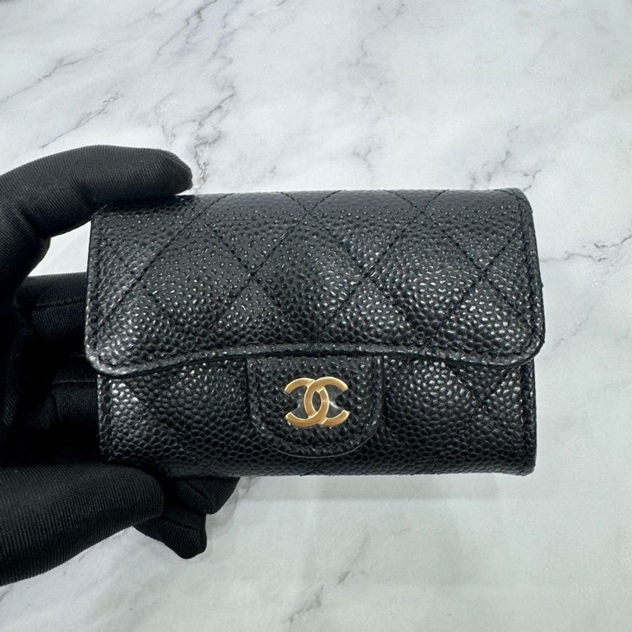 全新 CHANEL 經典CF荔枝牛皮口蓋零錢卡包 黑金 芯片款 🈶台灣專櫃購證-3
