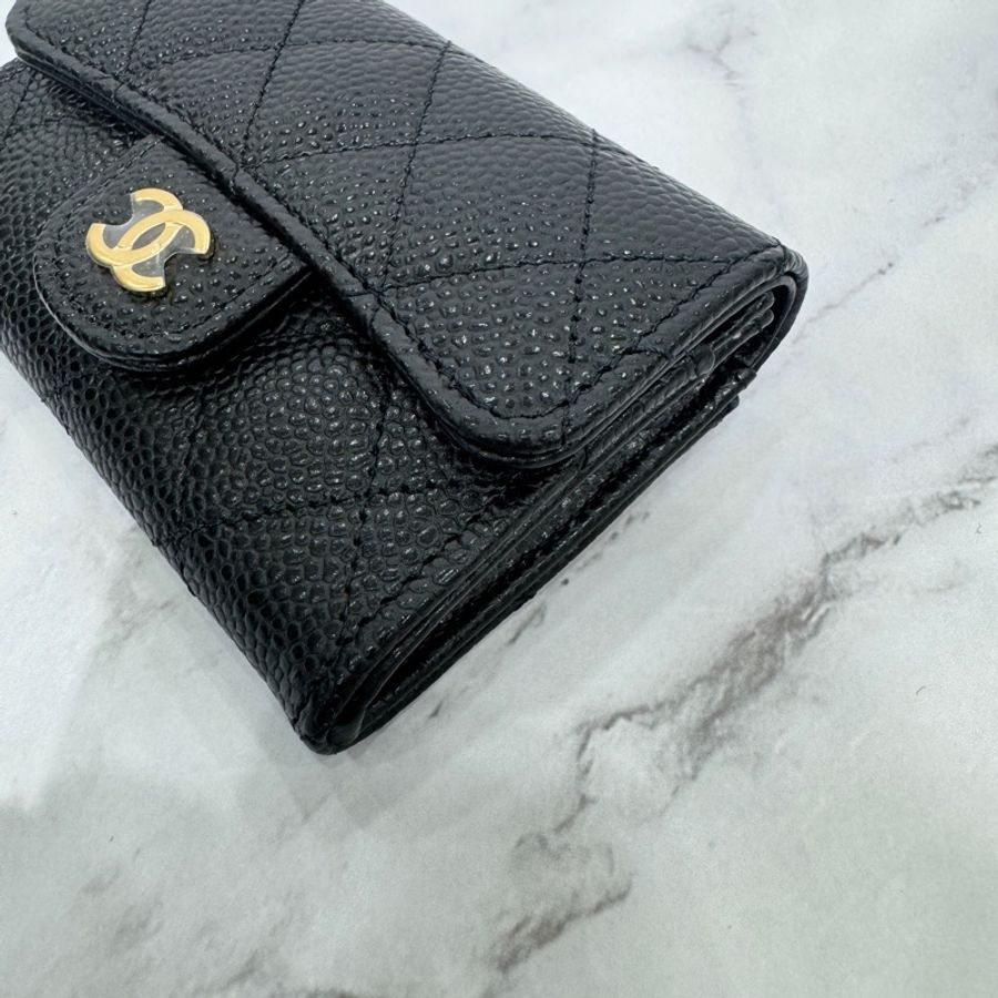 全新 CHANEL 經典CF荔枝牛皮口蓋零錢卡包 黑金 芯片款 🈶台灣專櫃購證-10