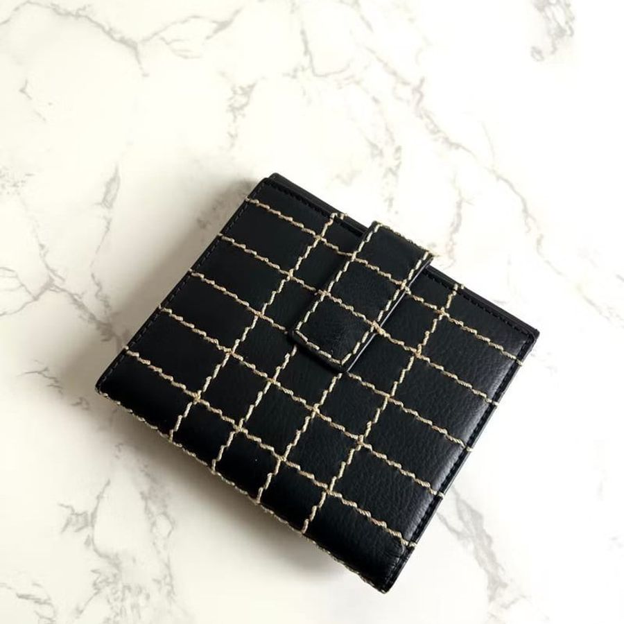 【LA LUNE】稀有中古二手Chanel黑色外縫線金扣皮革短夾銀包錢包中古包古董包-2