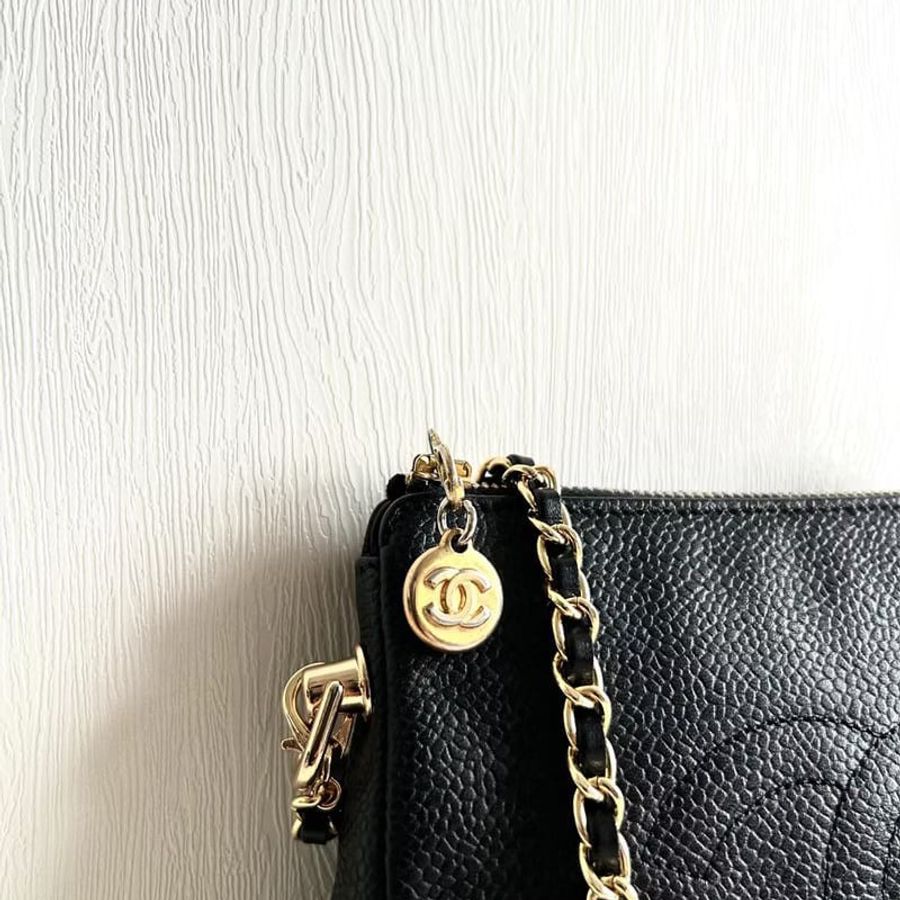 【LA LUNE】稀有中古二手Chanel黑色魚子醬皮革手袋側背包斜孭包背單肩包小包 Vintage-2