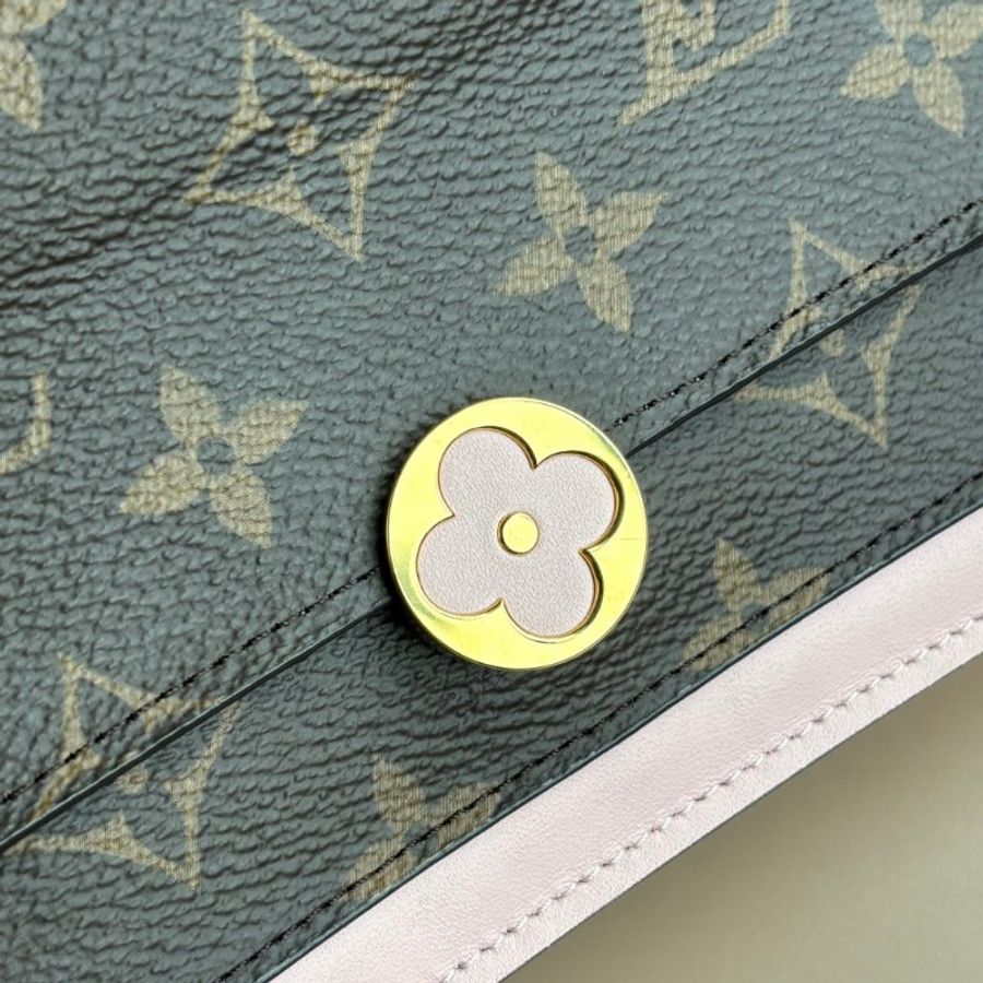 ::LOIUS VUITTON::  LV M69579 Flore 咖啡色經典花紋拼接粉色牛皮 WOC 金鍊斜背包-5