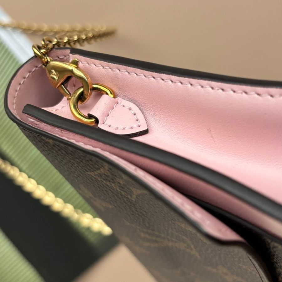 ::LOIUS VUITTON::  LV M69579 Flore 咖啡色經典花紋拼接粉色牛皮 WOC 金鍊斜背包-11