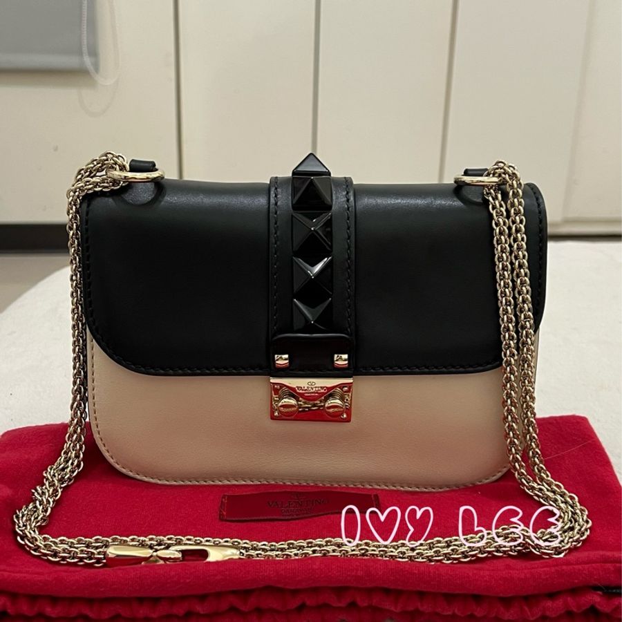 Valentino Rockstud Glam Lock 黑色 米白色皮革 鉚釘 鍊條包 斜背包 肩背包 二手精品-0