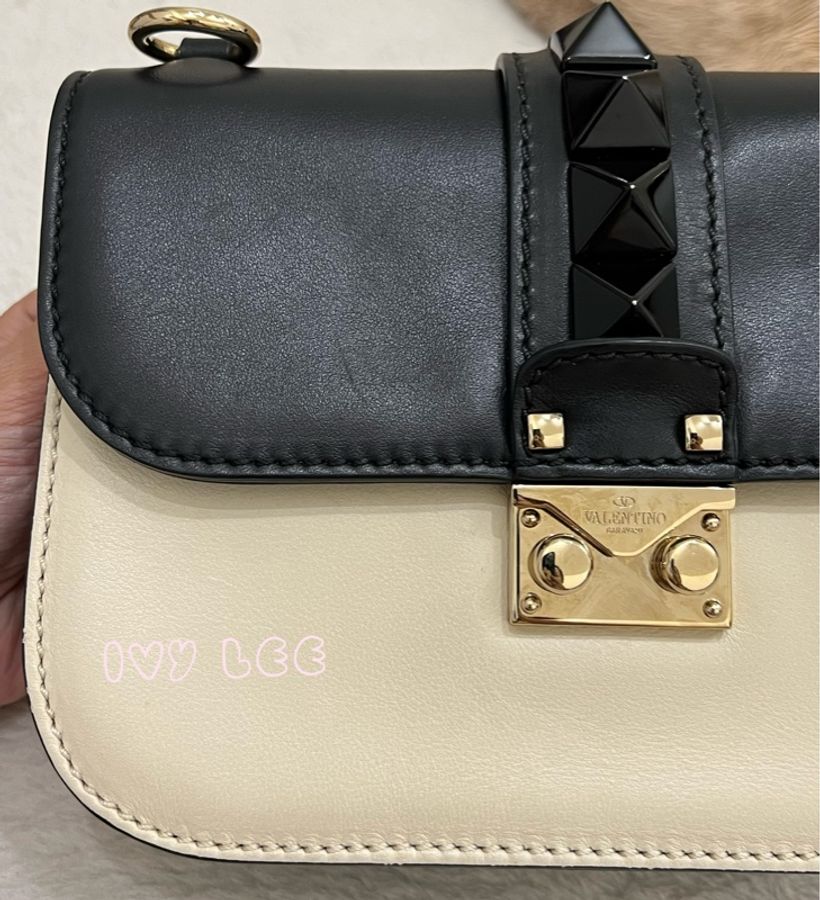 Valentino Rockstud Glam Lock 黑色 米白色皮革 鉚釘 鍊條包 斜背包 肩背包 二手精品-31