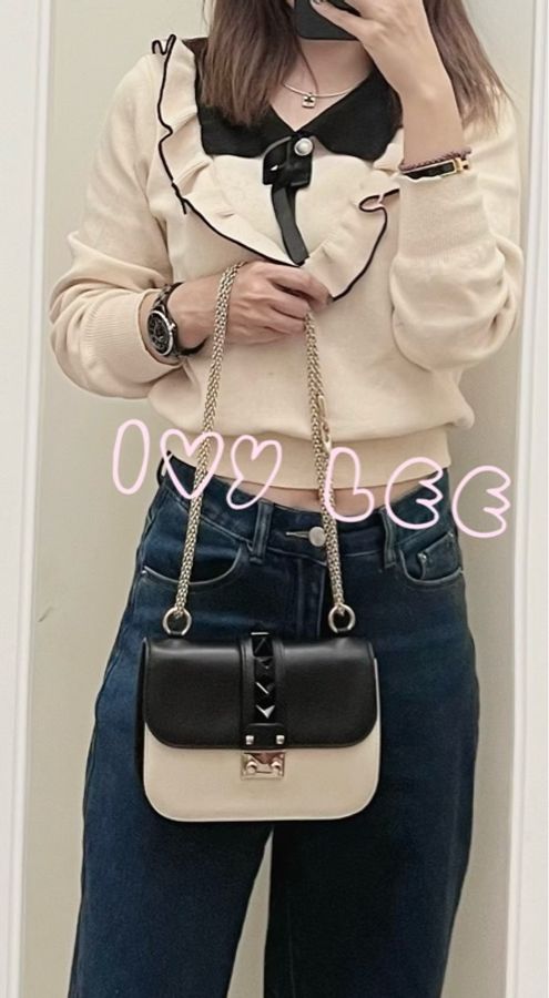 Valentino Rockstud Glam Lock 黑色 米白色皮革 鉚釘 鍊條包 斜背包 肩背包 二手精品-33