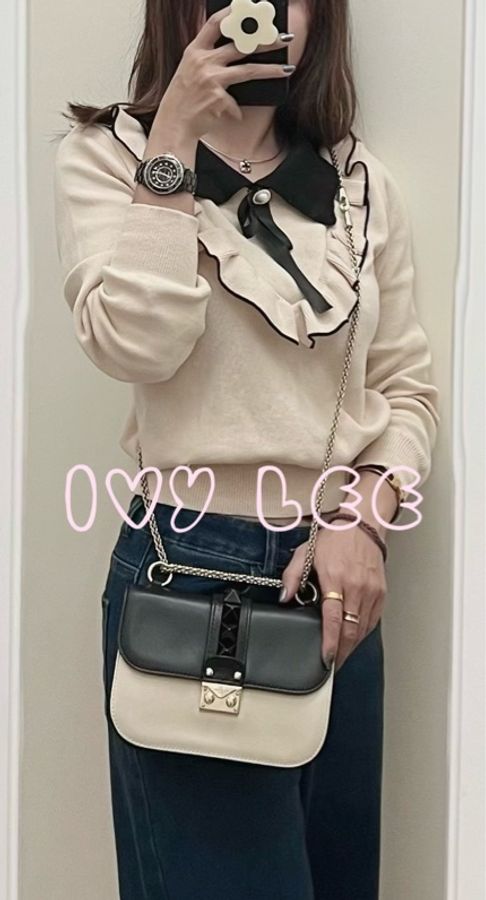 Valentino Rockstud Glam Lock 黑色 米白色皮革 鉚釘 鍊條包 斜背包 肩背包 二手精品-34