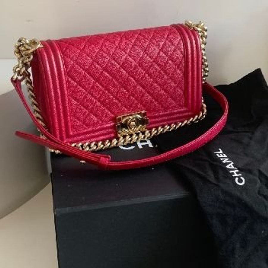 桃紅色 牛皮 菱格紋 BOY CHANEL25 單肩鏈包 金扣-0