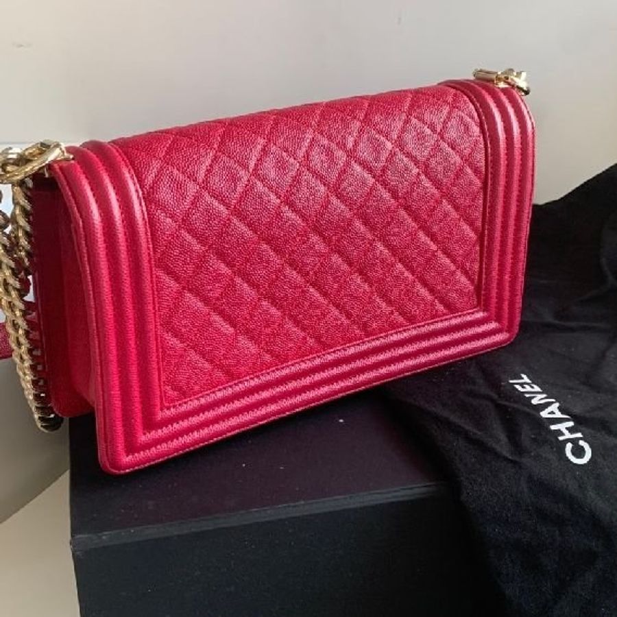 桃紅色 牛皮 菱格紋 BOY CHANEL25 單肩鏈包 金扣-4