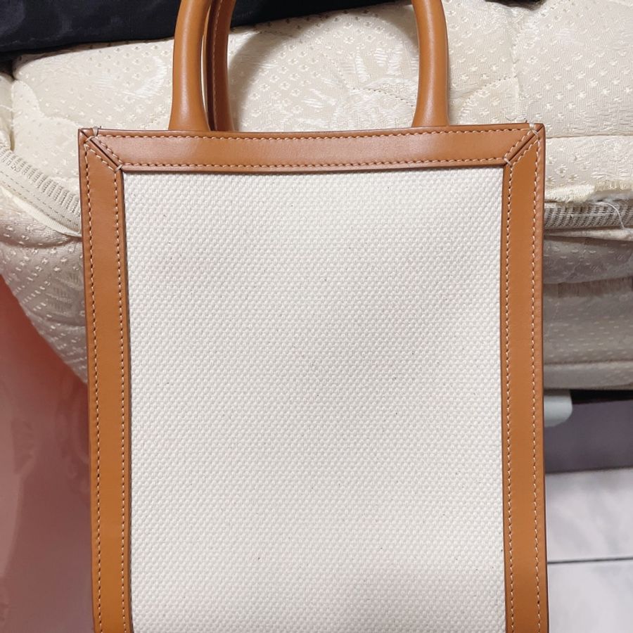 CELINE Logo 印花帆布及小牛皮直式CABAS_mini(米白/焦糖)-2