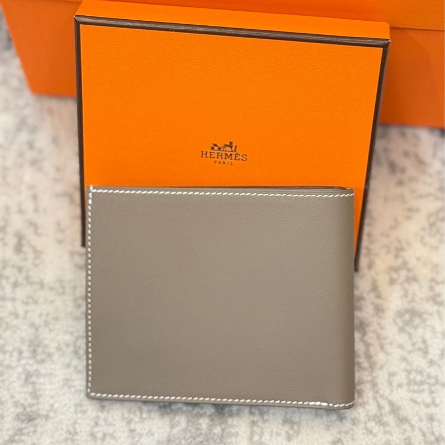 Hermes 愛馬仕男士絲巾短夾 大象灰 全新-2
