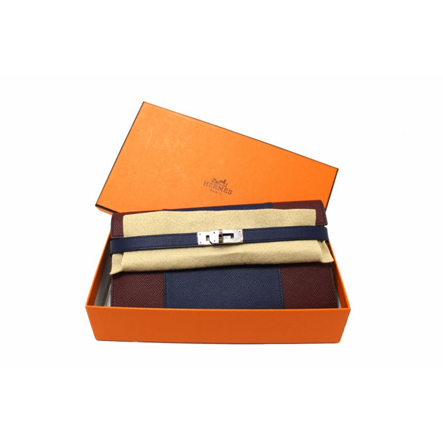 New Hermes Blue/Red Epsom Leather Bi-color Kelly Trifold Long Wallet-14