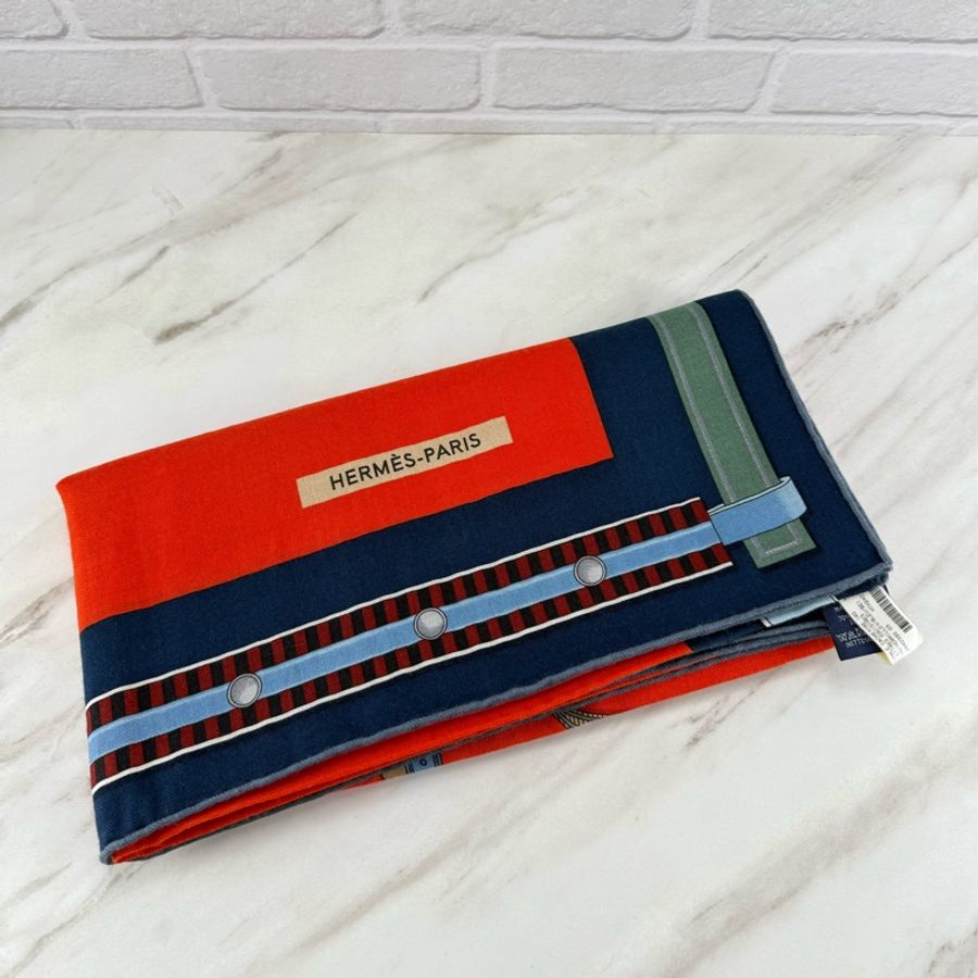 愛馬仕 Hermès Lettres Equestres 140 喀什米爾與真絲混紡 朱紅色 / 藍色 / 米色 羊絨 方巾 圍巾 披巾-7