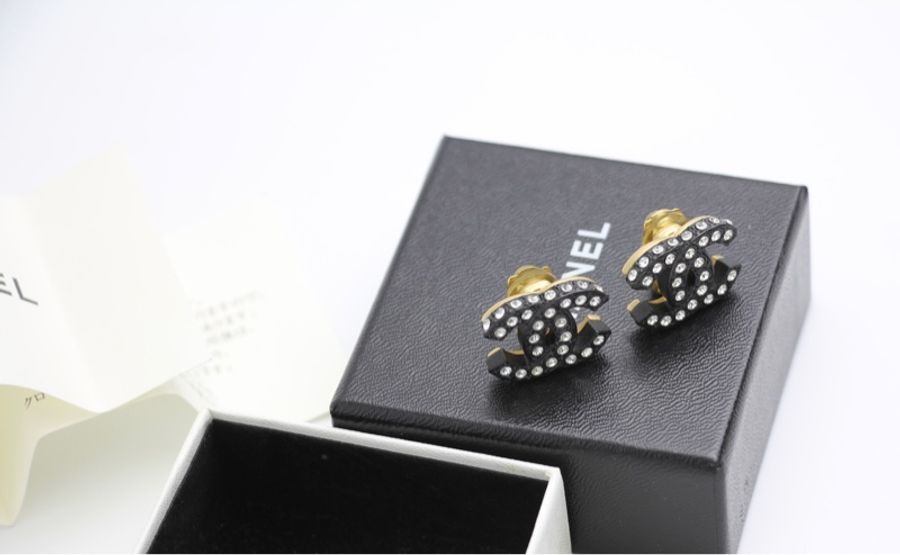 Chanel Vintage 02A 水鑽黑色CC Logo耳環-2