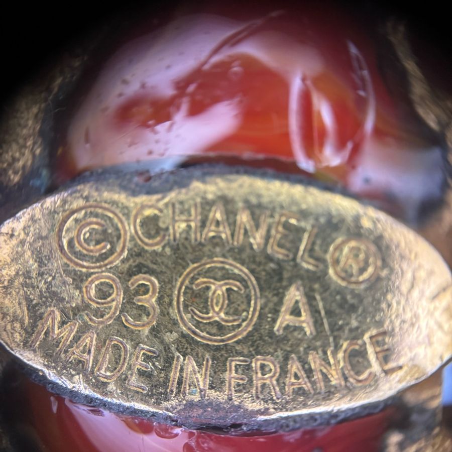 Chanel Vintage 93A 琉璃鍍金紅色吊飾耳環-8